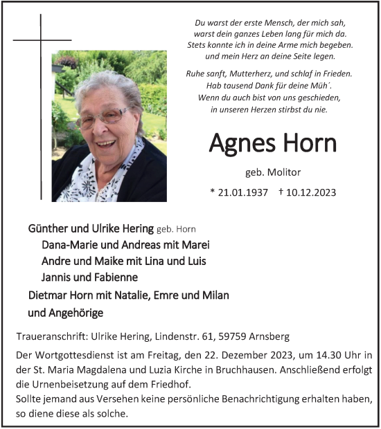 Traueranzeige von Agnes Horn von Tageszeitung