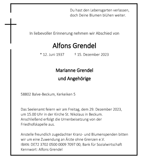 Traueranzeige von Alfons Grendel von Tageszeitung