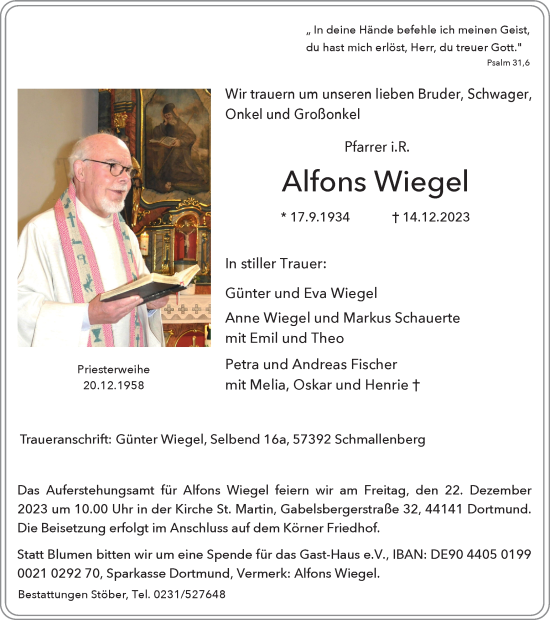 Traueranzeige von Alfons Wiegel von Tageszeitung