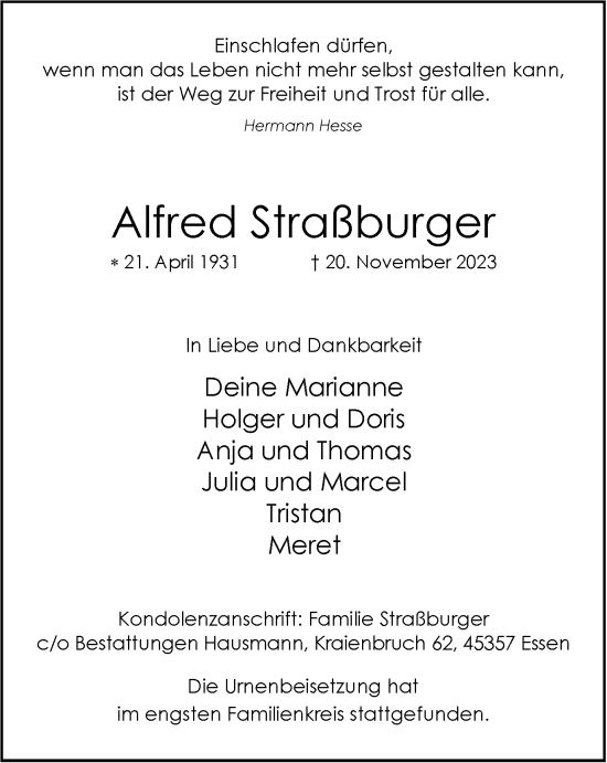 Traueranzeige von Alfred Straßburger von Tageszeitung