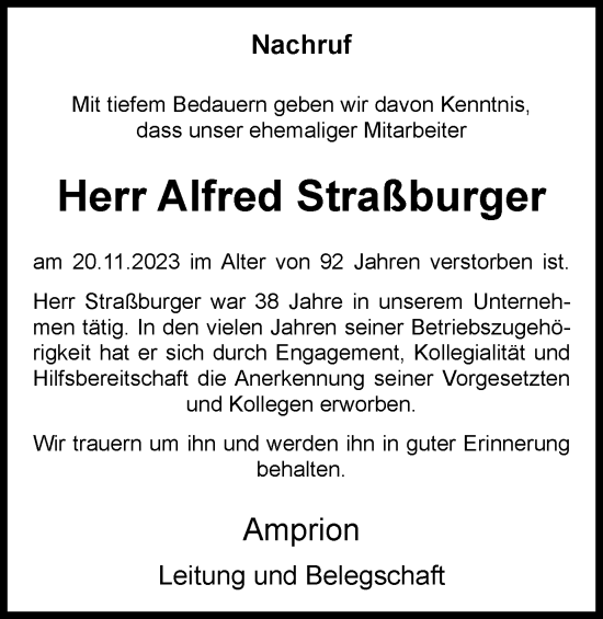 Traueranzeige von Alfred Straßburger von Tageszeitung