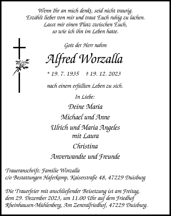 Traueranzeige von Alfred Worzalla von Tageszeitung