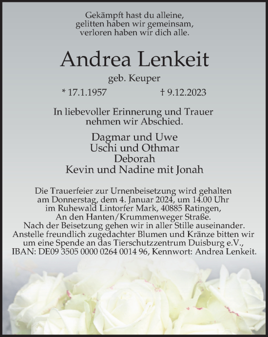 Traueranzeige von Andrea Lenkeit von Tageszeitung