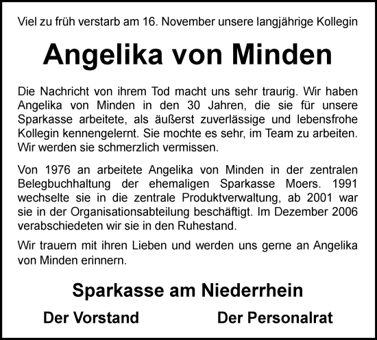 Traueranzeige von Angelika von Minden von Tageszeitung