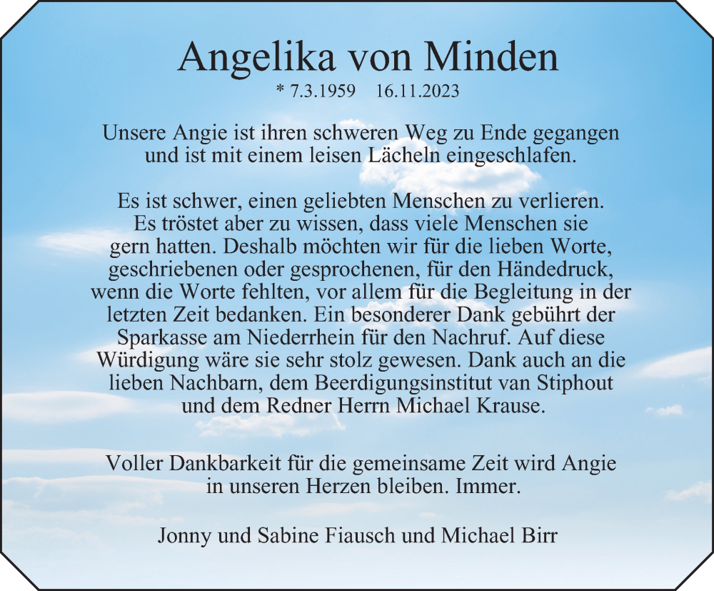  Traueranzeige für Angelika von Minden vom 07.12.2023 aus Tageszeitung