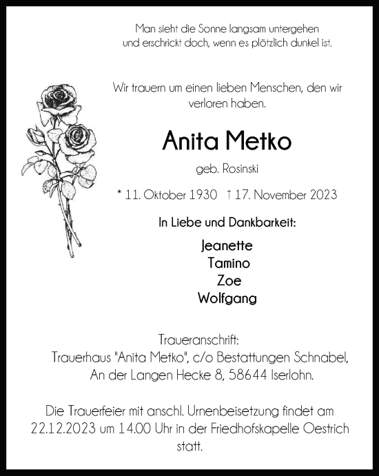 Traueranzeige von Anita Metko von Tageszeitung