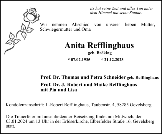 Traueranzeige von Anita Refflinghaus von Tageszeitung