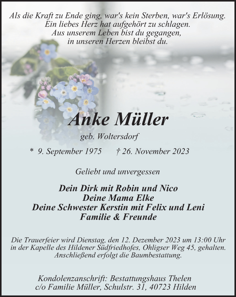  Traueranzeige für Anke Müller vom 02.12.2023 aus Tageszeitung