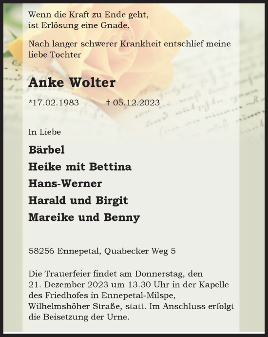 Traueranzeige von Anke Wolter von Tageszeitung