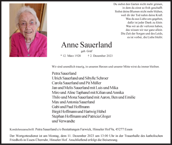 Traueranzeige von Anne Sauerland von Tageszeitung