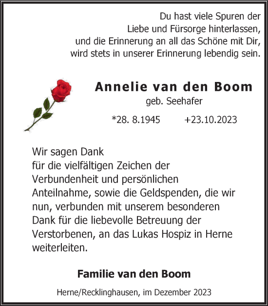 Traueranzeige von Annelie van den Boom von Tageszeitung