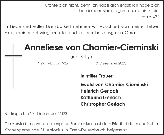 Traueranzeige von Anneliese von Chamier-Cieminski von Tageszeitung