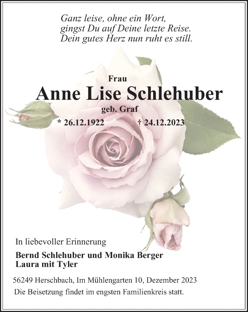  Traueranzeige für Anne Lise Schlehuber vom 30.12.2023 aus Tageszeitung