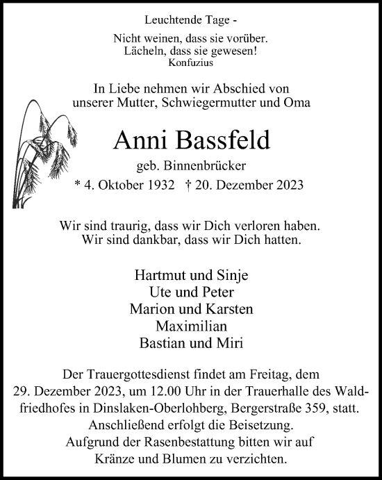 Traueranzeige von Anni Bassfeld von Tageszeitung