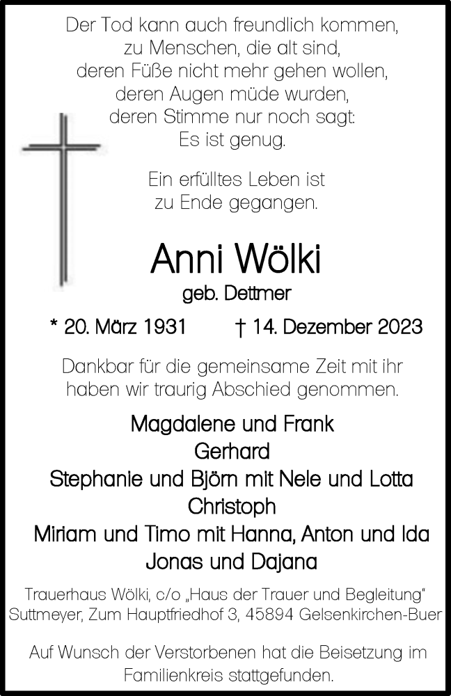  Traueranzeige für Anni Wölki vom 23.12.2023 aus Tageszeitung