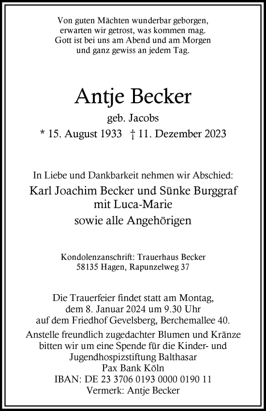 Traueranzeige von Antje Becker von Tageszeitung