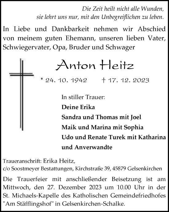 Traueranzeige von Anton Heitz von Tageszeitung