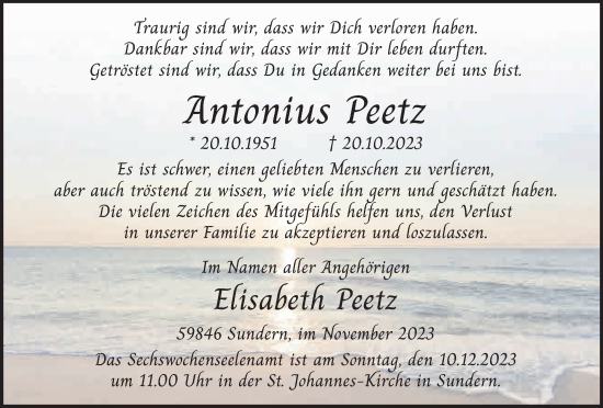 Traueranzeige von Antonius Peetz von Tageszeitung
