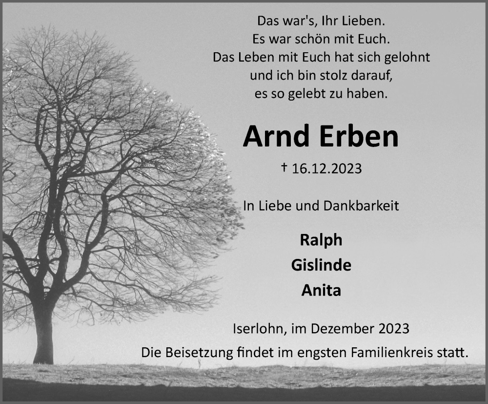  Traueranzeige für Arnd Erben vom 23.12.2023 aus Tageszeitung