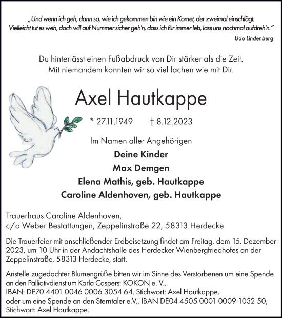 Traueranzeige von Axel Hautkappe von Tageszeitung
