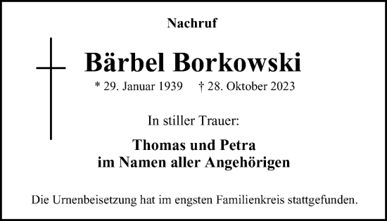 Traueranzeige von Bärbel Borkowski von Tageszeitung