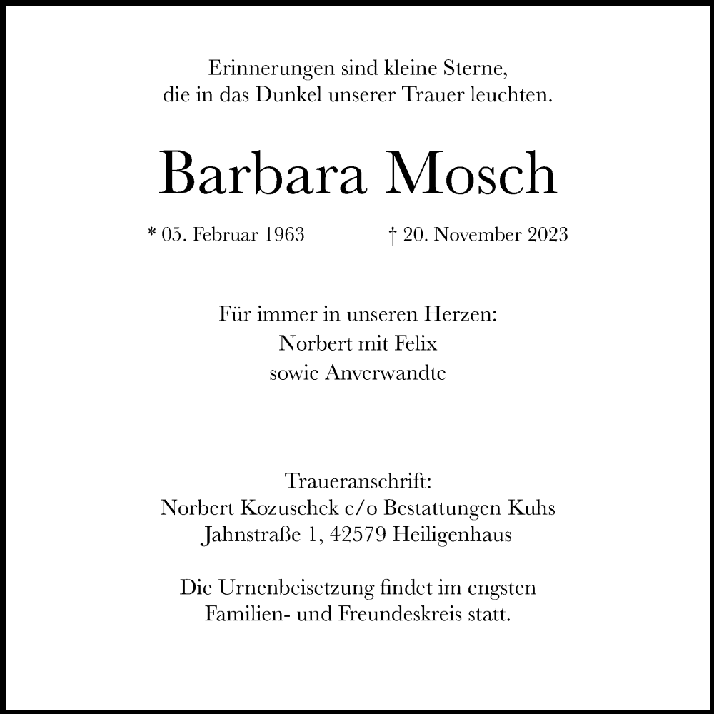  Traueranzeige für Barbara Mosch vom 09.12.2023 aus Tageszeitung