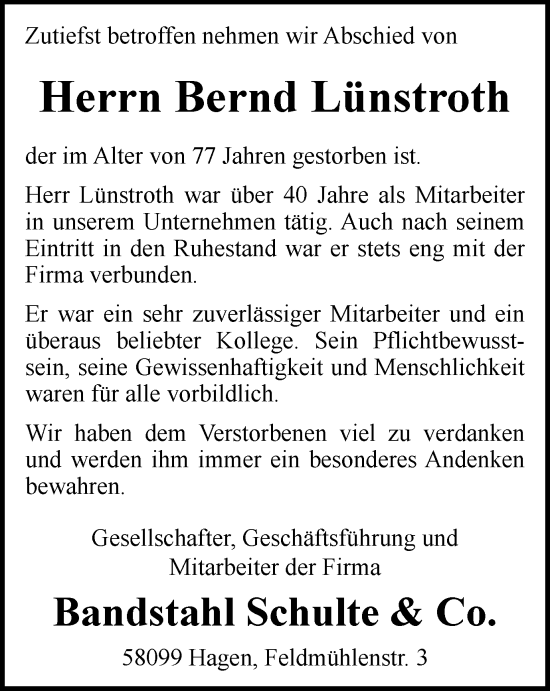 Traueranzeige von Bernd Lünstroth von Tageszeitung