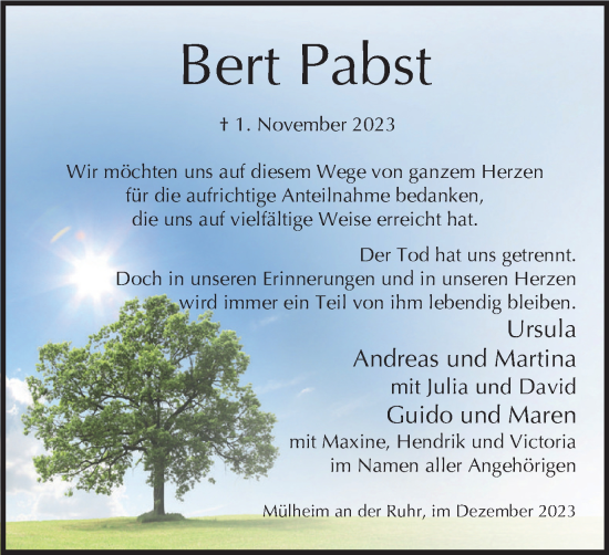 Traueranzeige von Bert Pabst von Tageszeitung