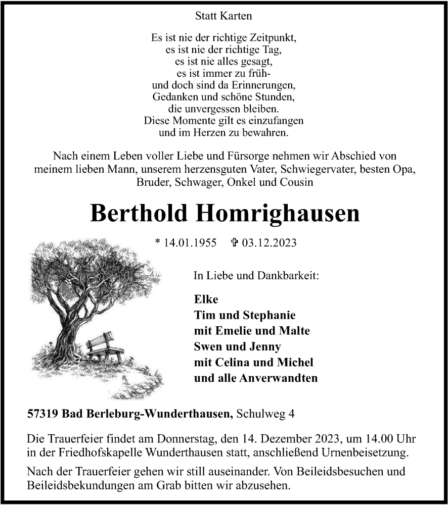  Traueranzeige für Berthold Homrighausen vom 08.12.2023 aus Tageszeitung