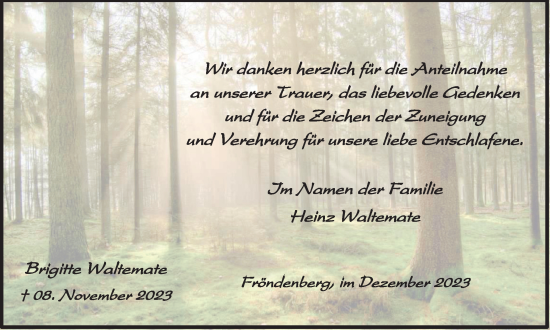 Traueranzeige von Brigitte Waltemate von Tageszeitung