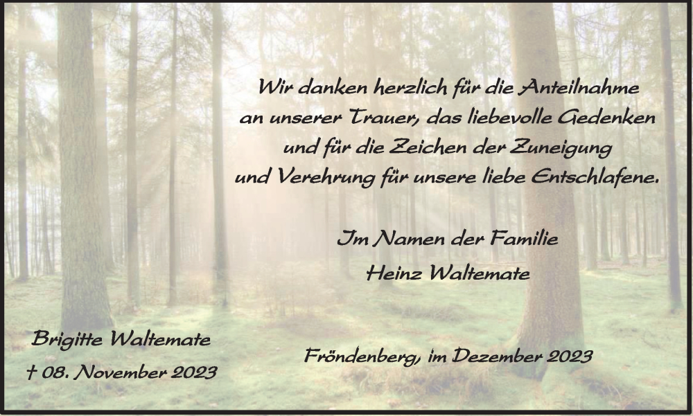  Traueranzeige für Brigitte Waltemate vom 16.12.2023 aus Tageszeitung