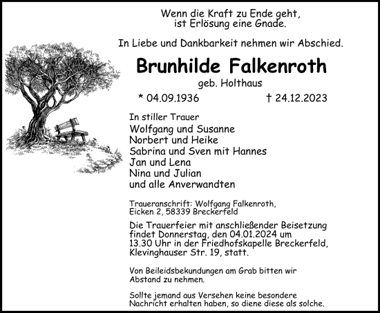 Traueranzeige von Brunhilde Falkenroth von Tageszeitung