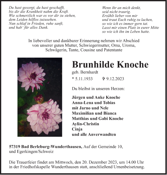 Traueranzeige von Brunhilde Knoche von Tageszeitung