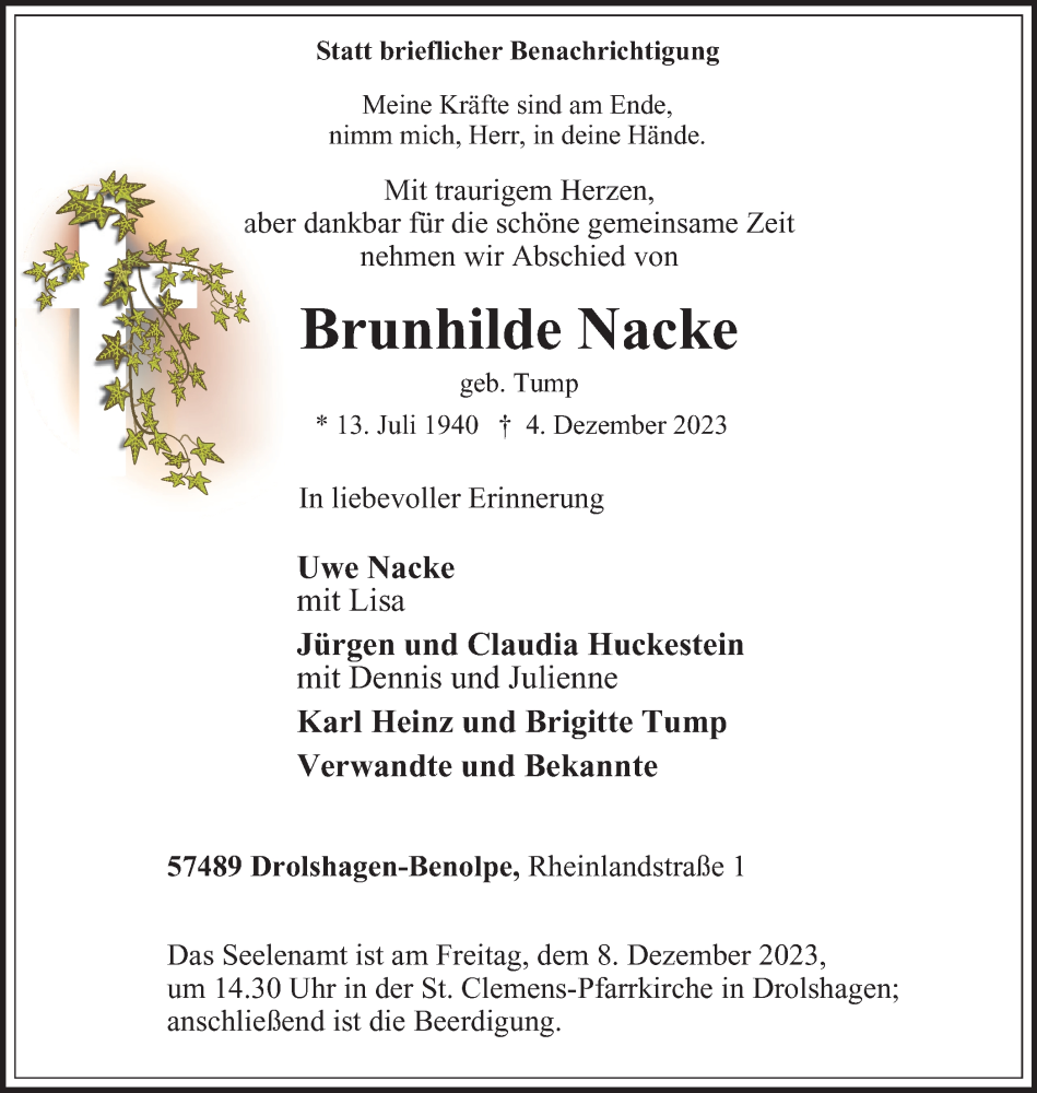  Traueranzeige für Brunhilde Nacke vom 07.12.2023 aus Tageszeitung
