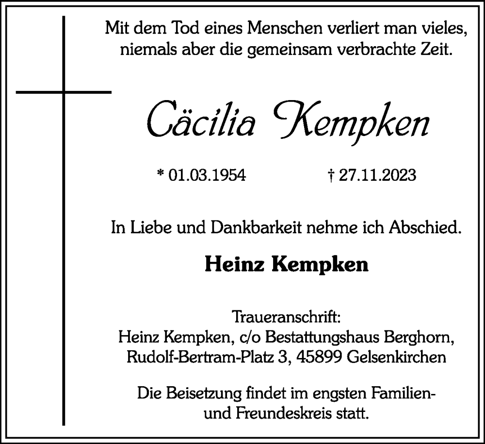  Traueranzeige für Cäcilia Kempken vom 02.12.2023 aus Tageszeitung