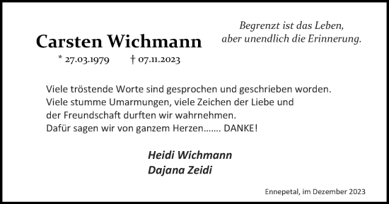 Traueranzeige von Carsten Wichmann von Tageszeitung