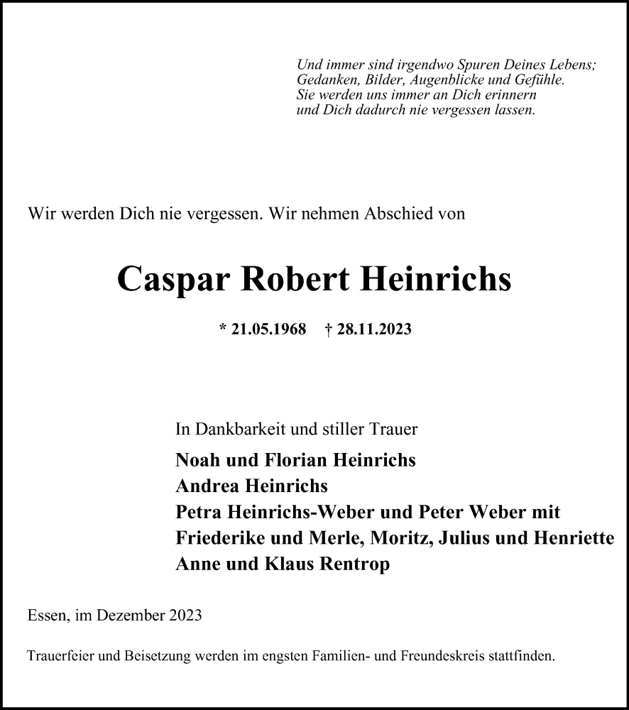  Traueranzeige für Caspar Robert Heinrichs vom 16.12.2023 aus Tageszeitung