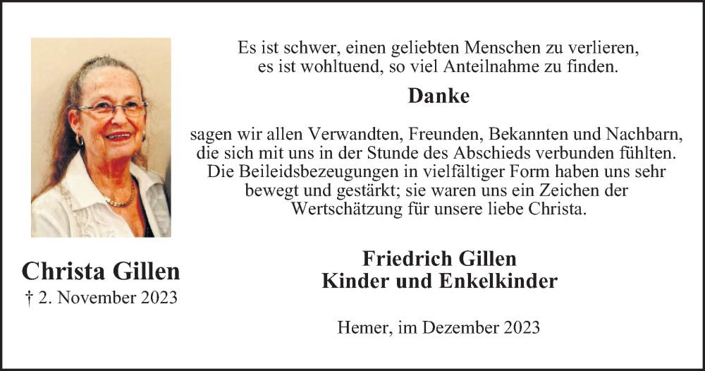  Traueranzeige für Christa Gillen vom 02.12.2023 aus Tageszeitung