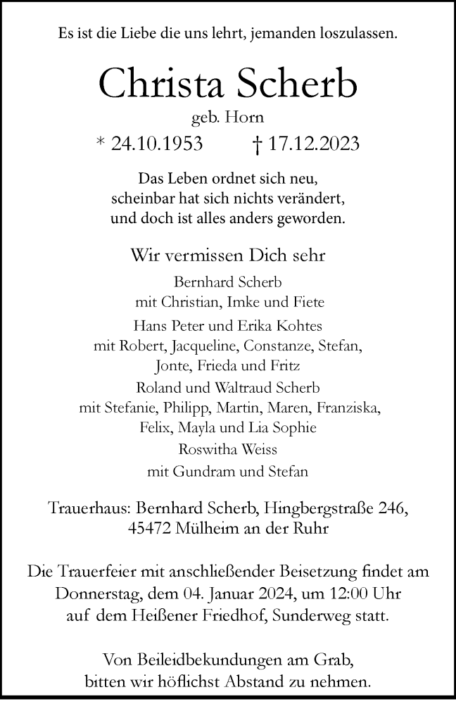  Traueranzeige für Christa Scherb vom 30.12.2023 aus Tageszeitung