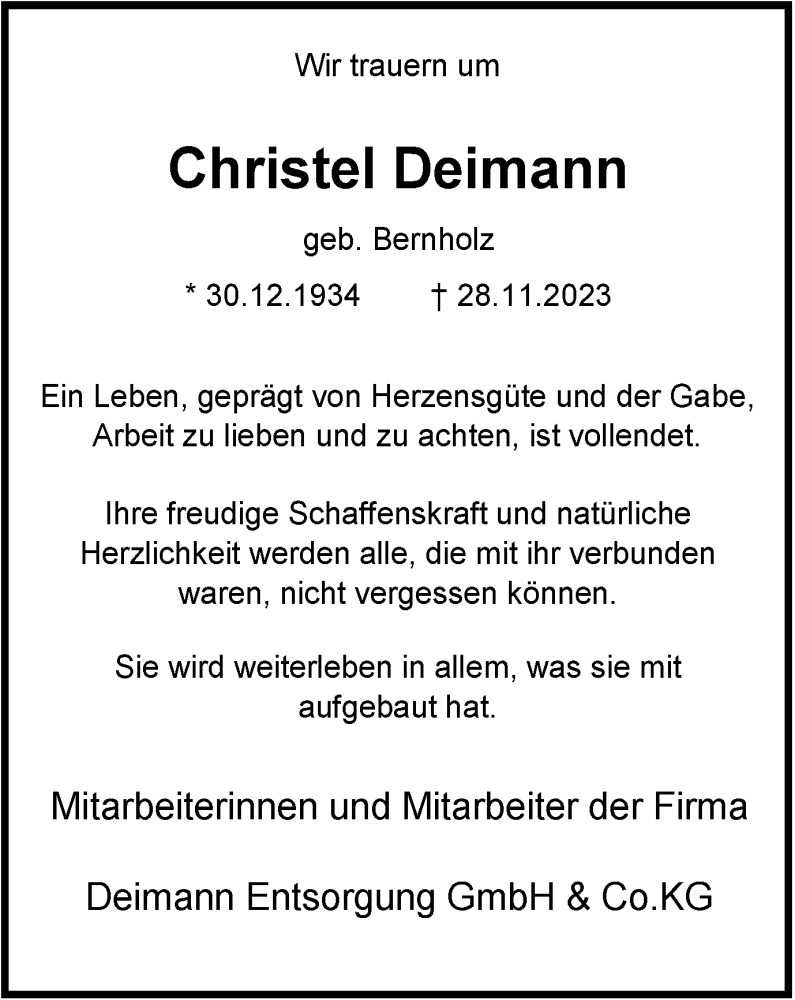  Traueranzeige für Christel Deimann vom 02.12.2023 aus Tageszeitung