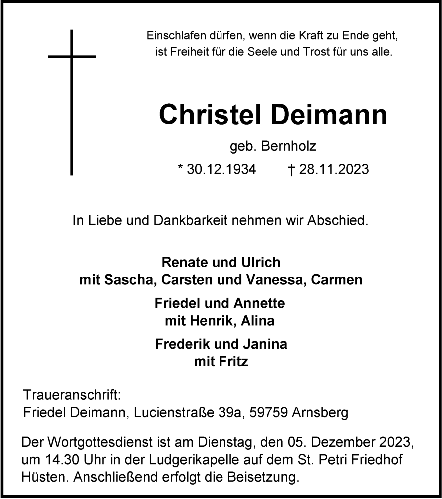  Traueranzeige für Christel Deimann vom 02.12.2023 aus Tageszeitung