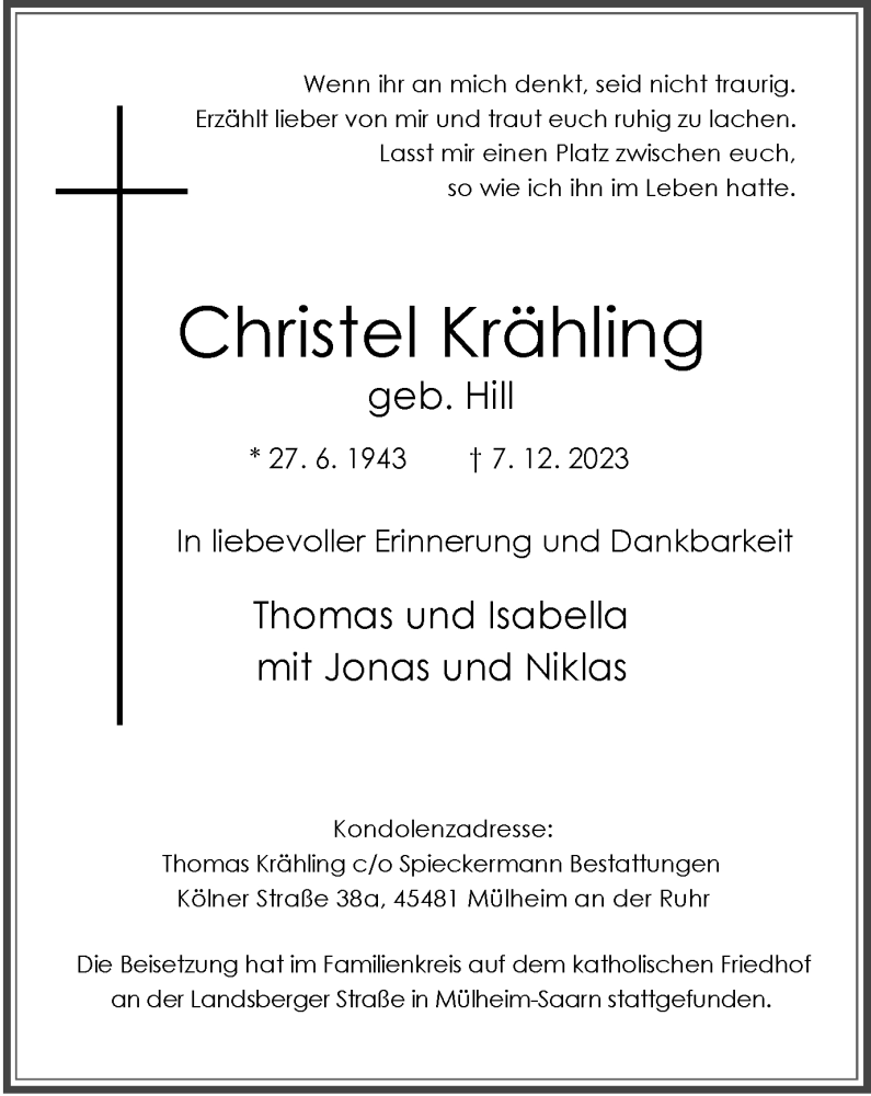  Traueranzeige für Christel Krähling vom 16.12.2023 aus Tageszeitung
