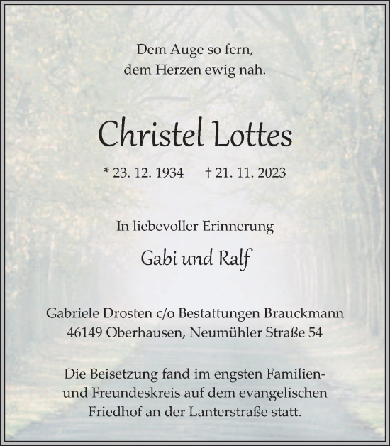 Traueranzeige von Christel Lottes von Tageszeitung