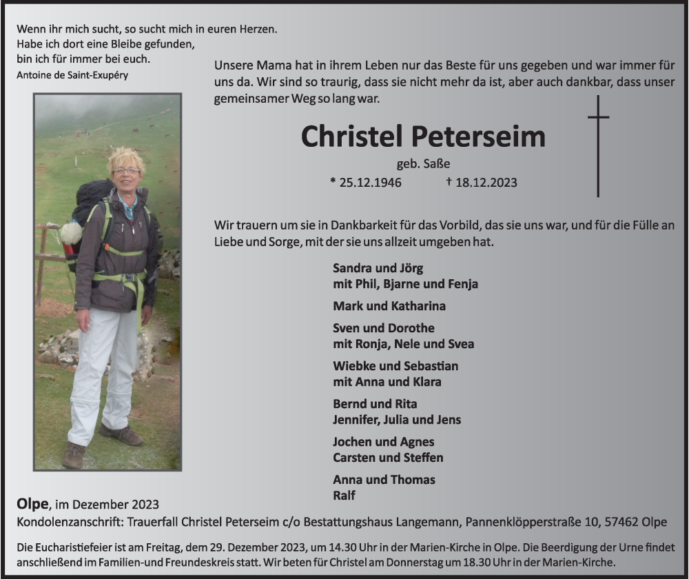  Traueranzeige für Christel Peterseim vom 23.12.2023 aus Tageszeitung