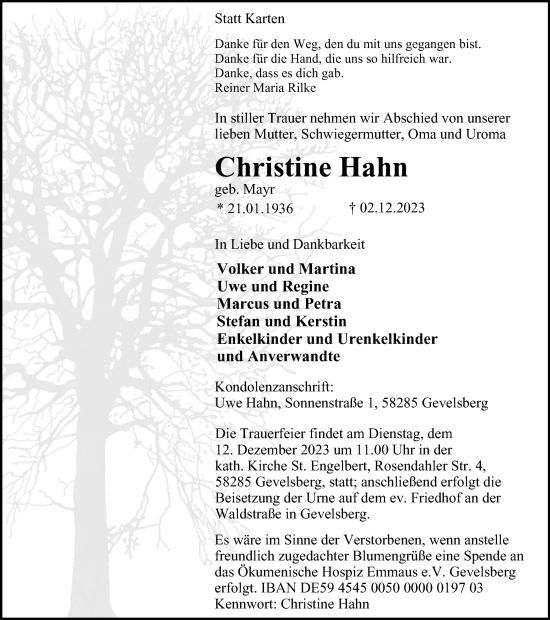 Traueranzeige von Christine Hahn von Tageszeitung