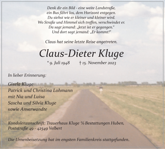 Traueranzeige von Claus-Dieter Kluge von Tageszeitung