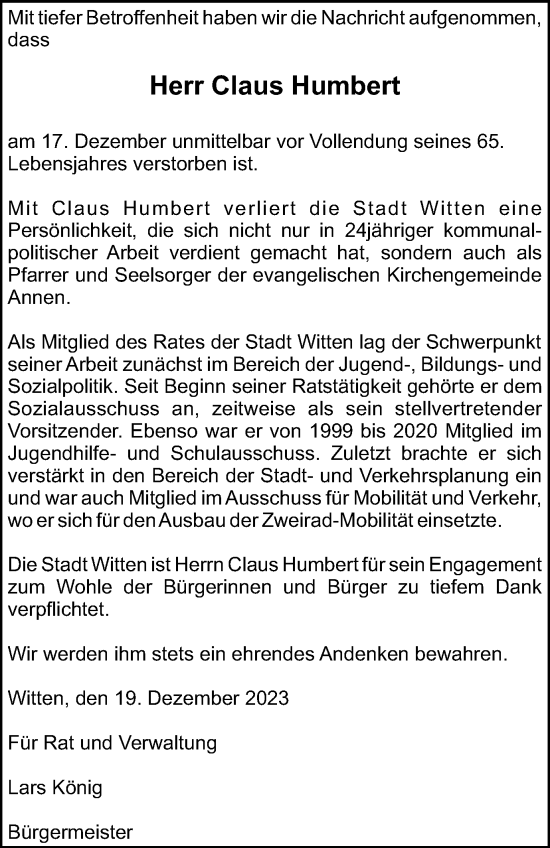 Traueranzeige von Claus Humbert von Tageszeitung