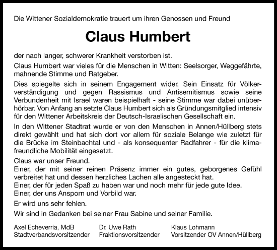 Traueranzeige von Claus Humbert von Tageszeitung