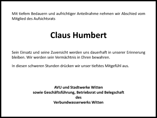 Traueranzeige von Claus Humbert von Tageszeitung