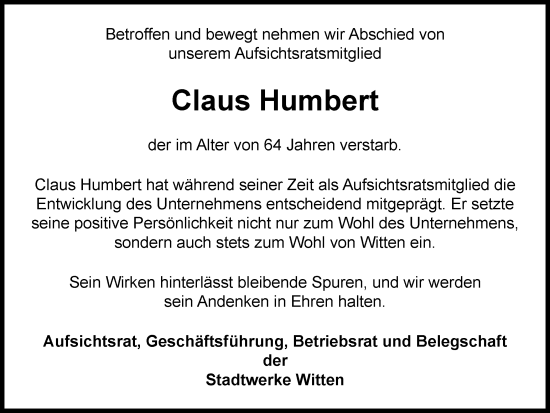 Traueranzeige von Claus Humbert von Tageszeitung